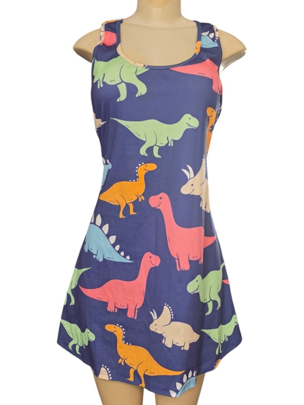 Women’s Cartoon Dinosaur Print Racerback Mini Dress Navy Colorful Novelty Medium